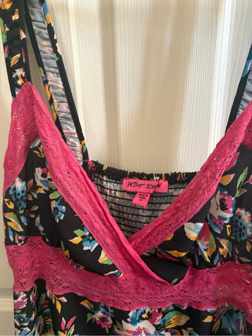 Betsey Johnson Black Floral Dress with Hot Pink Lace Trim